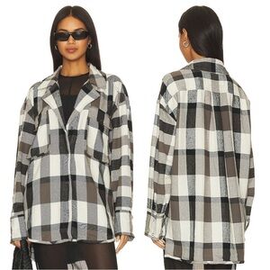 Free People We the Free Izzy Plaid Flannel Cargo Cotton Shirt Black Cream Large